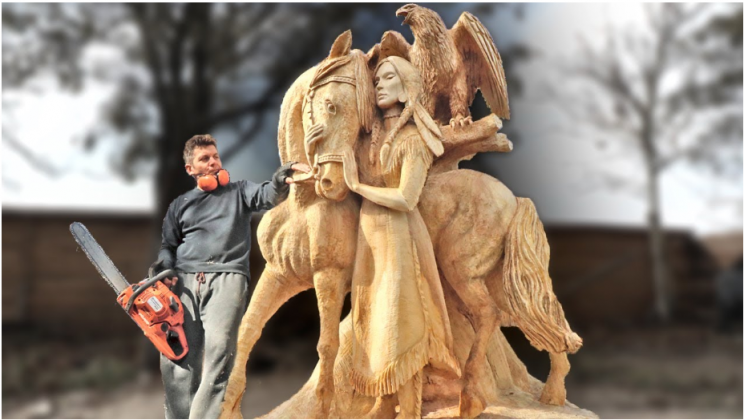 Man Creats Amazing Chainsaw Wood Carving of Native American Woman