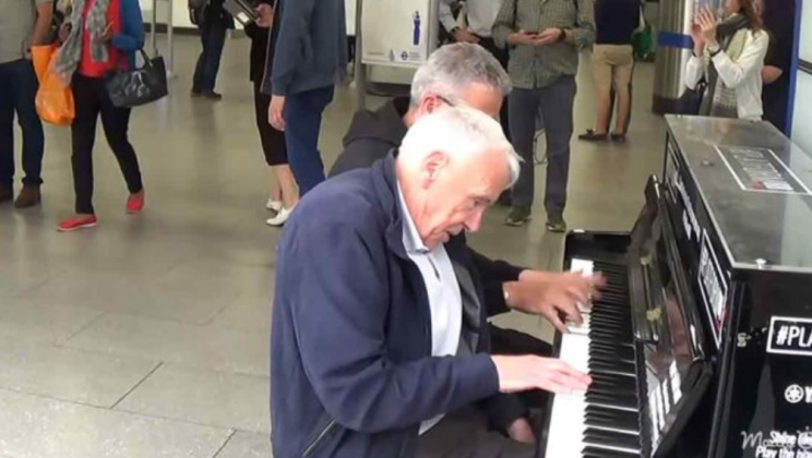 Senior man plays piano and gets a secret visit from boogie-woogie master