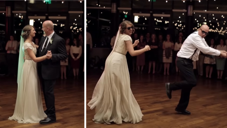 A couple’s wedding dance takes a dramatic turn as the song is changed and the father faces the camera.