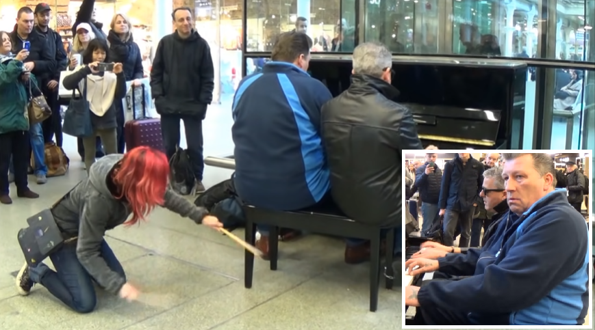 Two Pianists Team Up with a Red-Haired Drummer for an Unforgettable Performance
